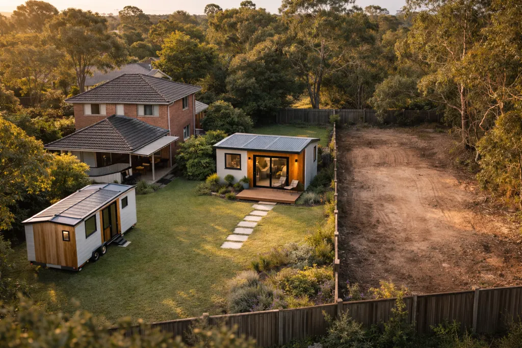 Aerial view of an Australian property showing different tiny home placement options