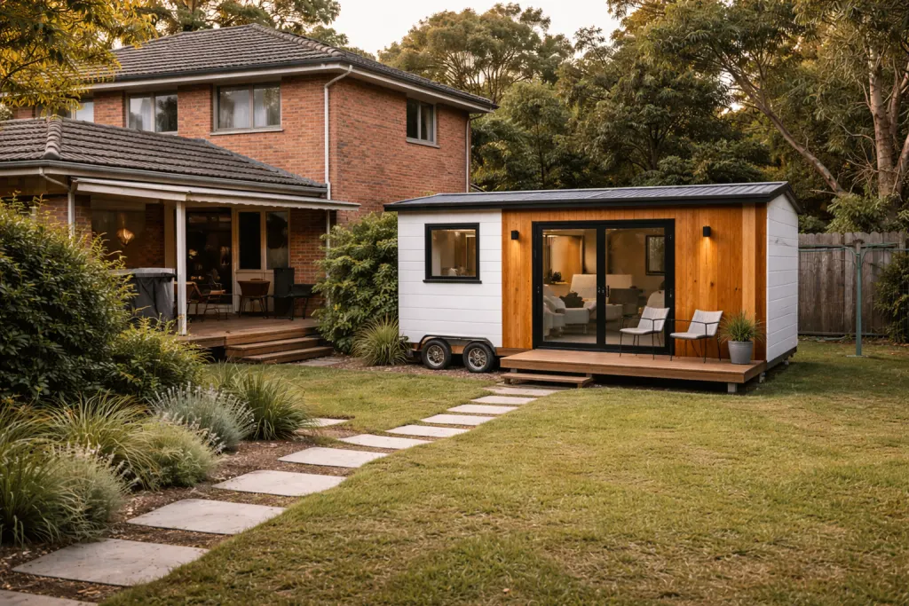 A tiny home on wheels parked in a suburban Australian backyard